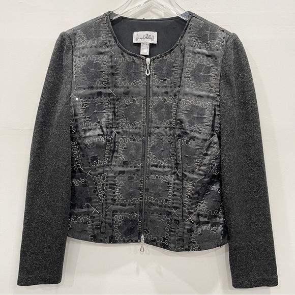 Joseph Ribkoff Veston Jacket Full-Zip Wool Blend Patchwork Sequin Embroidered - Picture 1 of 9